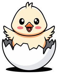 Obraz premium A cute cartoon chicken hatching from a cracked egg. A cheerful illustration suitable for Easter or springtime themes.