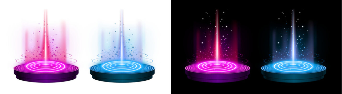 PNG image of&nbsp;Collection of vibrant neon glowing teleportation pads featuring magenta and cyan light beams on transparent background
