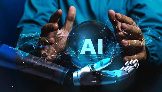 Tech forecasting concept : Shining Ai tech icon display on magic crystal ball sphere with the colorful magic lighting ,Meaning of hope and beautiful world, Safety Ai system ethic and control