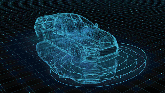 Blue wireframe of a modern car with radar sensor waves on a digital grid background, autonomous driving and smart vehicle technology concept.