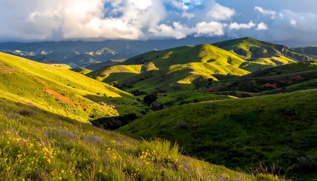Lush, rolling green hills bathed in golden sunlight beneath a dramatic, cloudy sky, showcasing a vibrant natural landscape