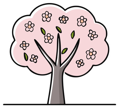 Charming spring tree with delicate pink blossoms and green leaves a simple cartoon illustration.