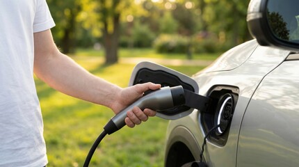 Obraz premium Sustainable daily routine, close-up of a person plugging in a cable for electric car charging