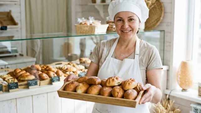 Smiling woman baker with white apron and hat holding tray of fresh buns in a rustic bakery, breads on background