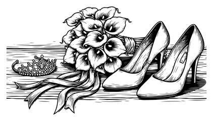 Bridal bouquet heels and tiara on wooden plank – elegant wedding accessories vintage line art vector illustration © Celestynka