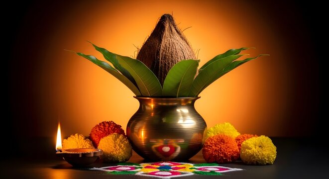 Sacred Kalash with coconut and mango leaves, symbolizing prosperity for Hindu New Year festivals like Gudi Padwa