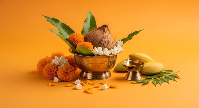 Hindu New Year celebration setup with traditional oil lamp, Kalash, and fresh mango fruits