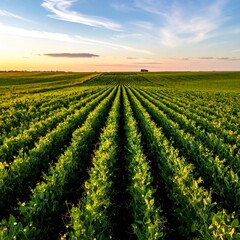Lush rows of green crops stretch towards the horizon under a pastel sunset. A small building sits distantly