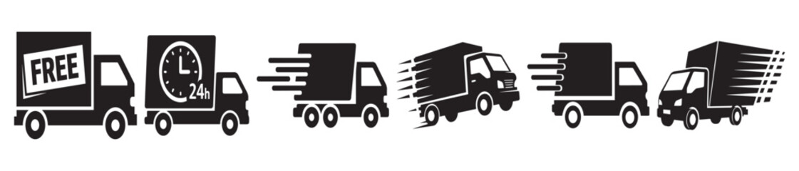 Minimal black silhouette delivery truck icons featuring free shipping, 24-hour service, and express speed lines for modern e-commerce logistics.