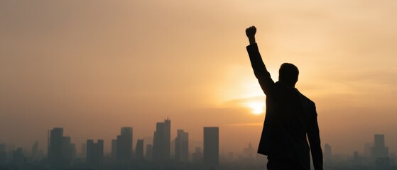 Fototapeta premium Silhouette of triumphant adult male against urban sunset skyline