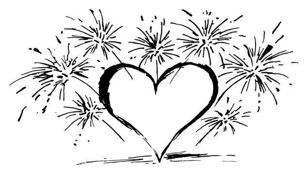 Heart shaped firework burst with surrounding fireworks &ndash; celebratory romantic sketch line art vector illustration