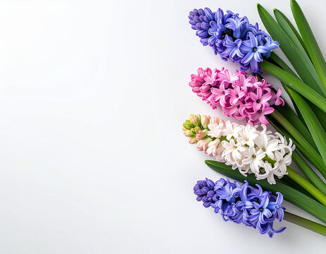 Vibrant hyacinth bouquet in purple, blue, pink, and white, showcasing fresh spring blooms on a clean background, ideal for seasonal themes