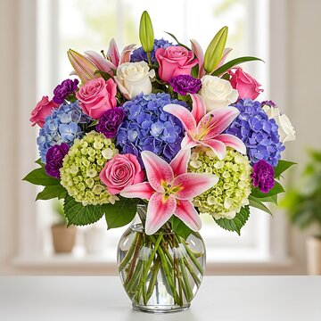 Elegant mixed flower arrangement with Stargazer lilies and colorful hydrangeas displayed in a bright, modern indoor home setting.