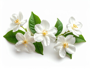 Fragrant white jasmine flowers and vibrant green leaves elegantly arranged on a pristine white background, symbolizing purity and natural beauty