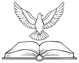 Fototapeta premium Outlined dove flying above an open book, illustration