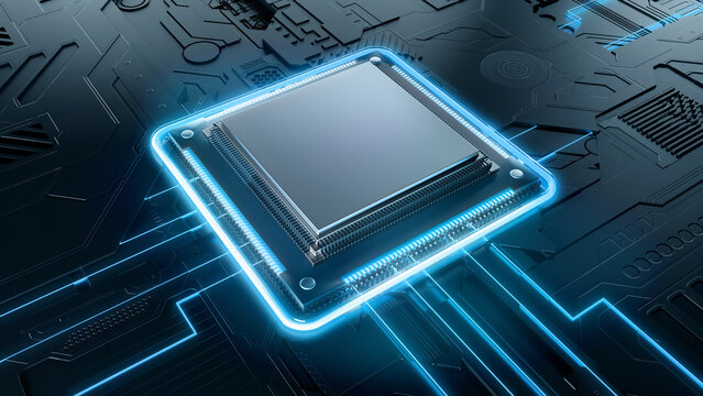 Advanced computer CPU microchip with glowing blue neon lights on a dark circuit board, concept for artificial intelligence and high-performance computing.