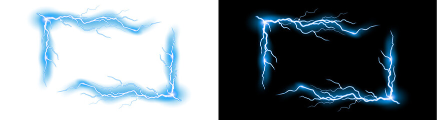 PNG image of Two brilliant electric blue lightning frame borders featuring jagged arcs of intense energy and discharge on transparent background © MariaAlam