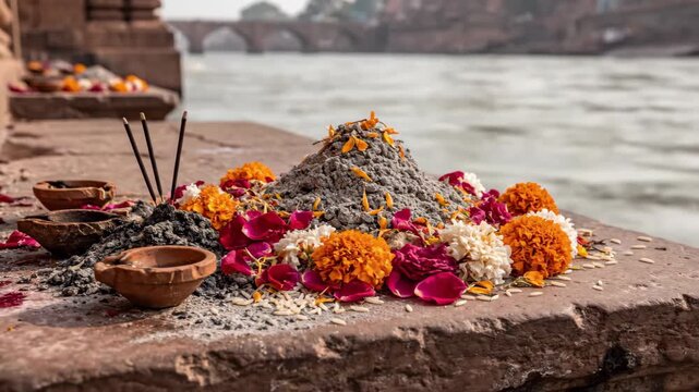 Spiritual offerings with colorful flowers and incense on riverbank during Ganga Dussehra festival. Rituals include flower petals, sacred ash, and clay pots.