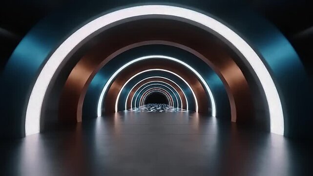 Futuristic tunnel with neon arches and glowing lights in a dark corridor.