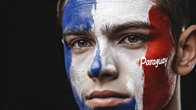 Young person's face painted with Paraguayan national flag colors, a vibrant patriotic symbol of cultural identity, celebrating Independence Day holiday