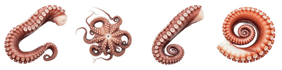 Premium Cooked Octopus Tentacles Collection, Fresh Steamed Seafood and Calamari Set, Gourmet Mediterranean Culinary Ingredient Isolated on White Background PNG © prootice
