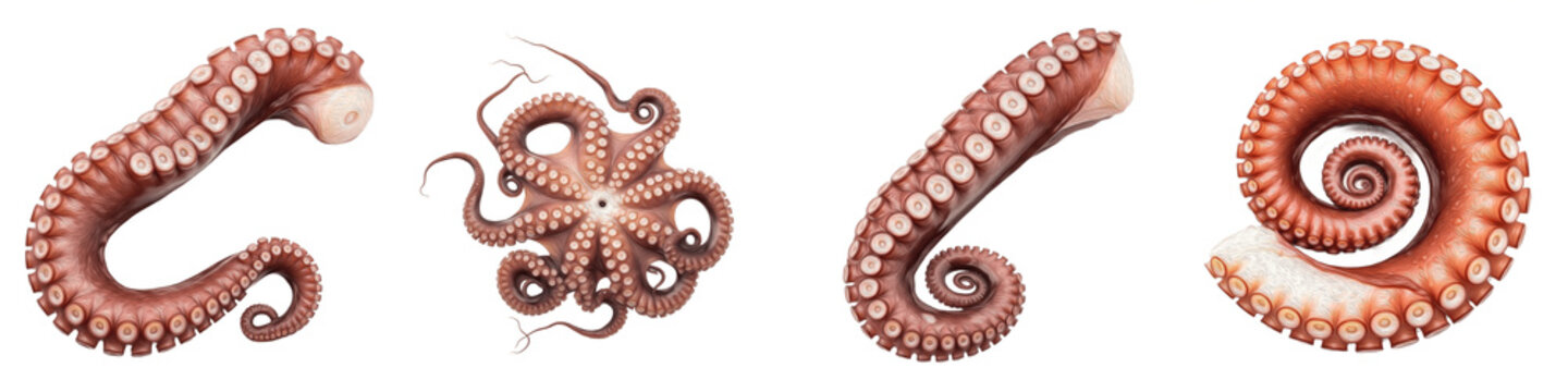Premium Cooked Octopus Tentacles Collection, Fresh Steamed Seafood and Calamari Set, Gourmet Mediterranean Culinary Ingredient Isolated on White Background PNG