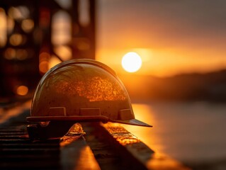 Yellow hard hat on wooden planks at sunset construction site