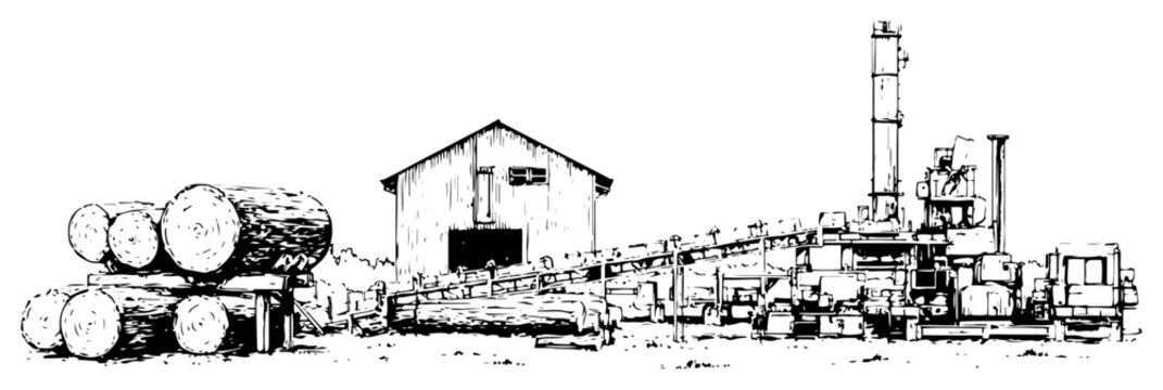 Vintage style hand drawn ink illustration of an industrial sawmill with wood logs