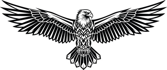Obraz premium Black silhouette vector illustration of eagle with fully spread wings, tribal detailed feather patterns, frontal view, majestic powerful design