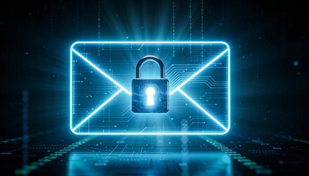 A glowing digital envelope with a lock icon symbolizes secured or encrypted email communication in a futuristic cyber environment.