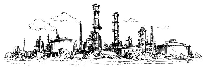 Detailed hand drawn sketch of an industrial oil refinery with chimneys and smoke © Celestynka