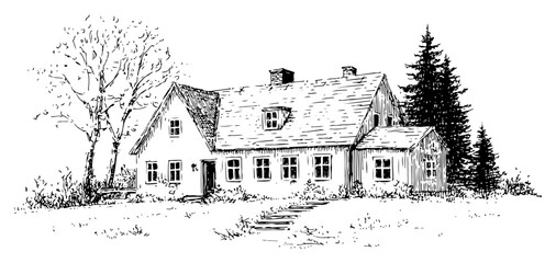 Detailed hand drawn illustration of a traditional country house in a rural landscape