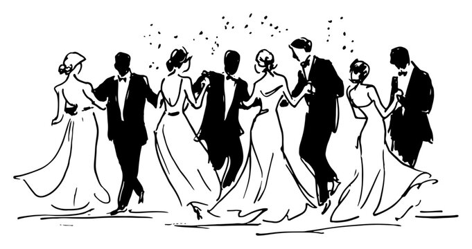 Hand drawn vector sketch of wedding guests dancing together at a formal celebration party
