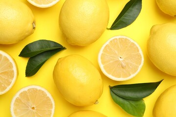 Ripe lemons and leaves on yellow background, flat lay