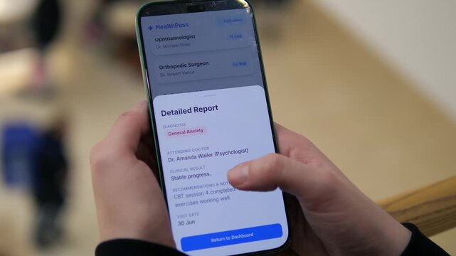 User reviewing detailed medical report and specialist list in mobile health application. Modern telemedicine, ehealth platform and digital clinic concept. Great for healthcare innovation, mobile