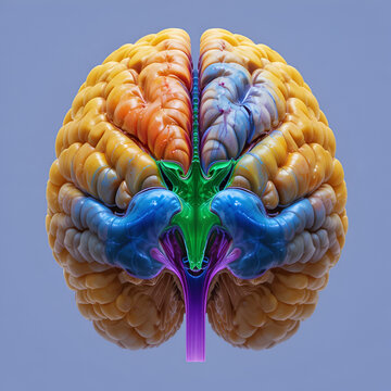 Human brain with colored ventricles, 3D illustration, lateral (yellow), third (orange), fourth (blue), interventricular foramen (green), cerebral aqueduct (dark purple), spinal channel (light purple).
