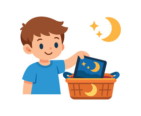 child placing tablet into small basket with moon icon nightly screen time routine . colored flat icon vector illustration