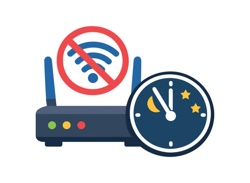 router with small clock icon showing wifi off at night digital curfew routine . colored flat icon vector illustration