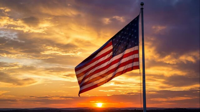 American flag waving in sunset. Vertical view showcases vibrant colors and peaceful atmosphere. Nature captures beauty of dusk as sun sets behind horizon.