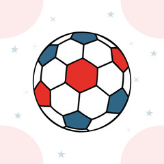 Fototapeta premium Classic soccer ball with red, blue, and white hexagonal panels, perfect for sports, games, and athletic events.