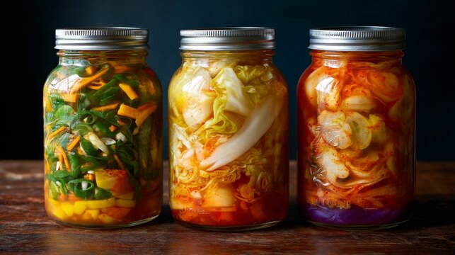 Colorful jars of homemade fermented vegetables display vibrant pickled ingredients in rich hues, showcasing health and flavor in a rustic kitchen setting