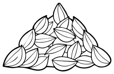 Hand drawn outline illustration of a pile of almond nuts with simple shading details