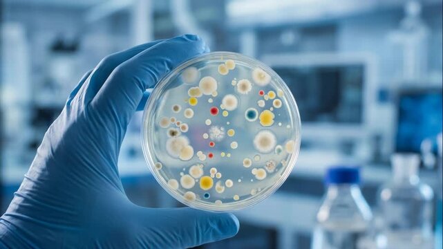 scientist holding petri dish with bacteria culture. laboratory environment shows ongoing research. vertical visual represents microbiology exploration and innovation.