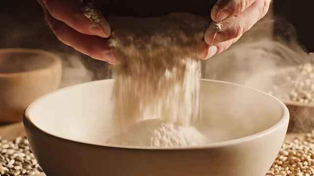 Hands pouring flour from a wooden bowl for baking. Close-up of a baker preparing ingredients for a homemade recipe. Artisanal cooking concept