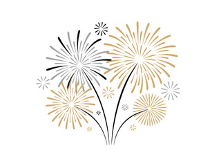 Fototapeta premium A vibrant illustration of fireworks exploding in the night sky with gold, silver, and black colors