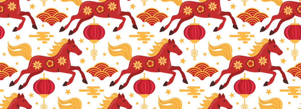 Seamless running horses Chinese New Year pattern red and gold