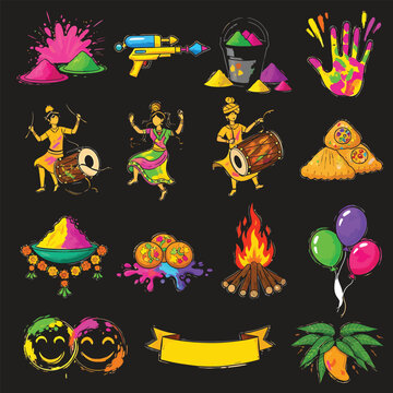 Holi festival vector elements including colorful powder water gun and indian dancers set