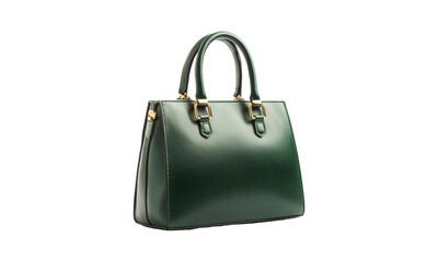 Naklejka premium Elegant Dark Green Leather Handbag with Gold Hardware Isolated on White Background, Luxury Fashion Accessory.