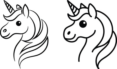 Fototapeta premium Minimalist unicorn head line art doodles set. Cute magical horse profile illustrations