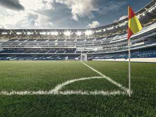 3D render,Low angle view of a modern soccer stadium from the corner flag, empty arena with blue seats and bright stadium lights. © bahadir